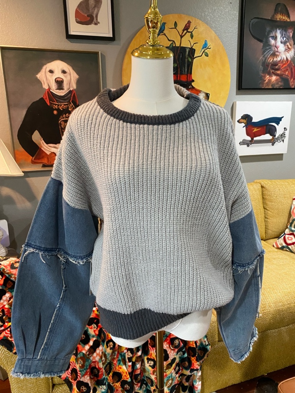 Gray Knit Sweater with Blue Denim Puff Sleeves